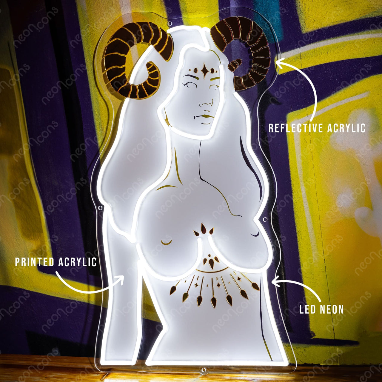 "Aries Goddess" LED Neon x Print x Reflective Acrylic by Neon Icons