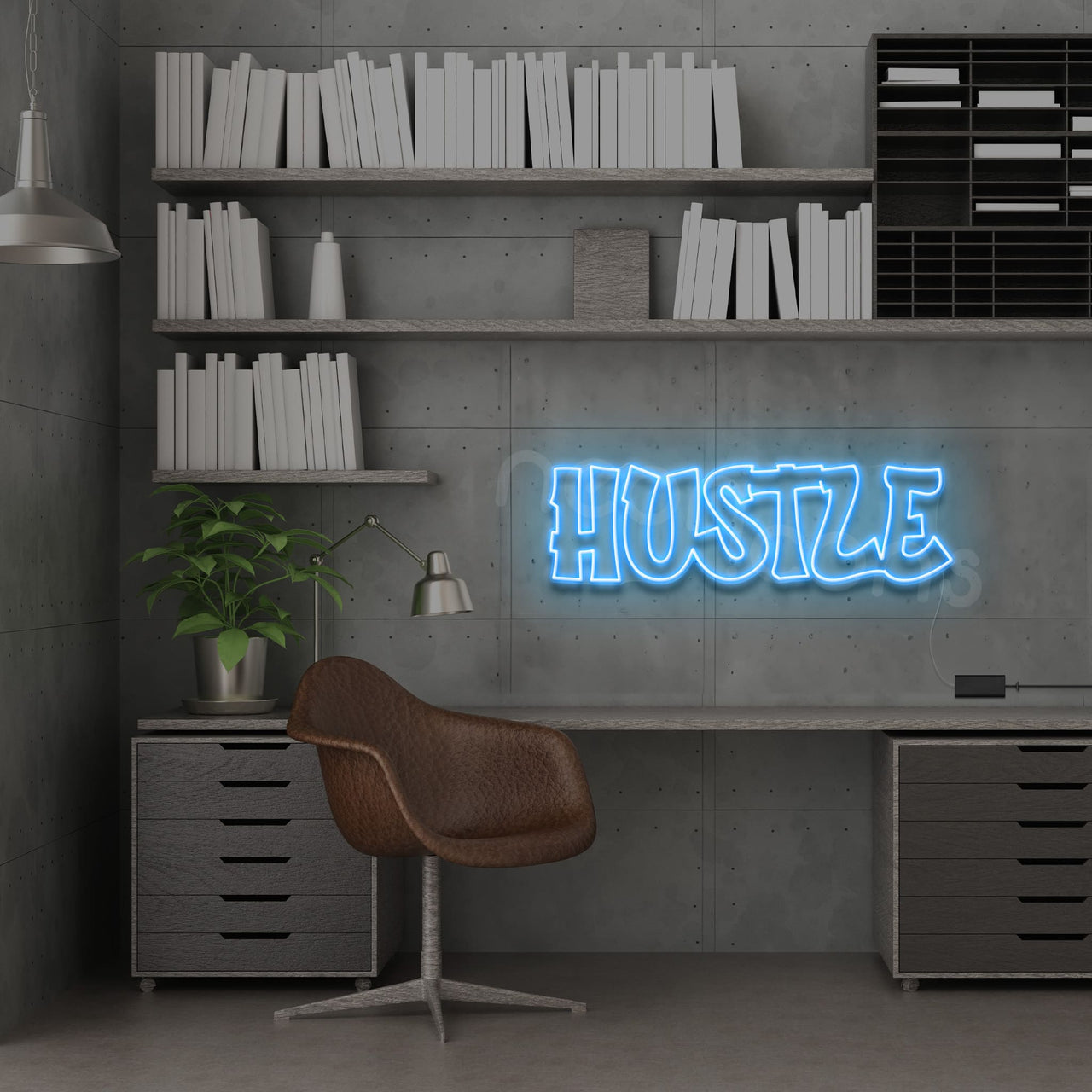 "Hustle" Neon Sign 60cm (2ft) / Ice Blue / LED by Neon Icons