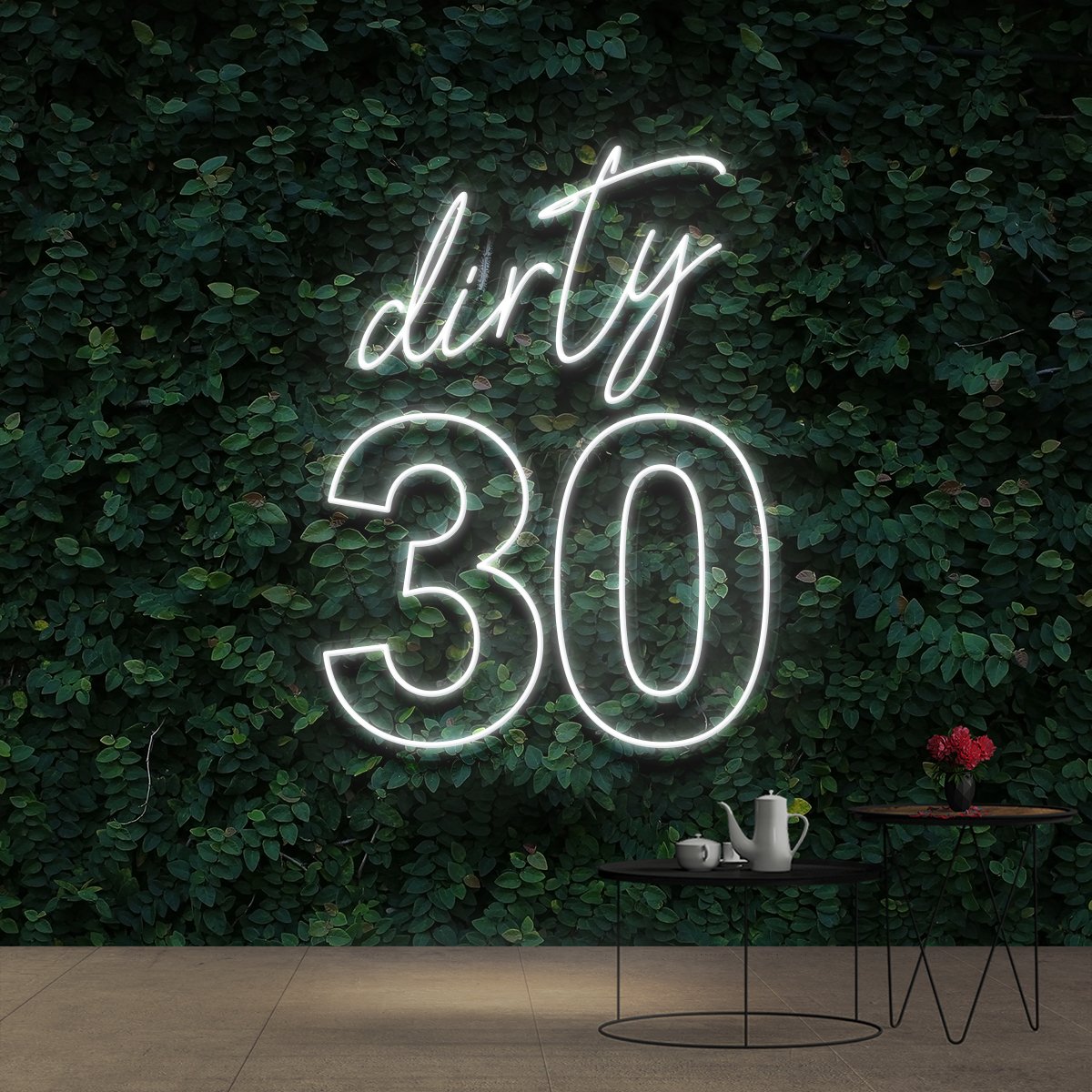 "Dirty 30" Birthday Neon Sign 60cm (2ft) / White / Cut to Shape by Neon Icons