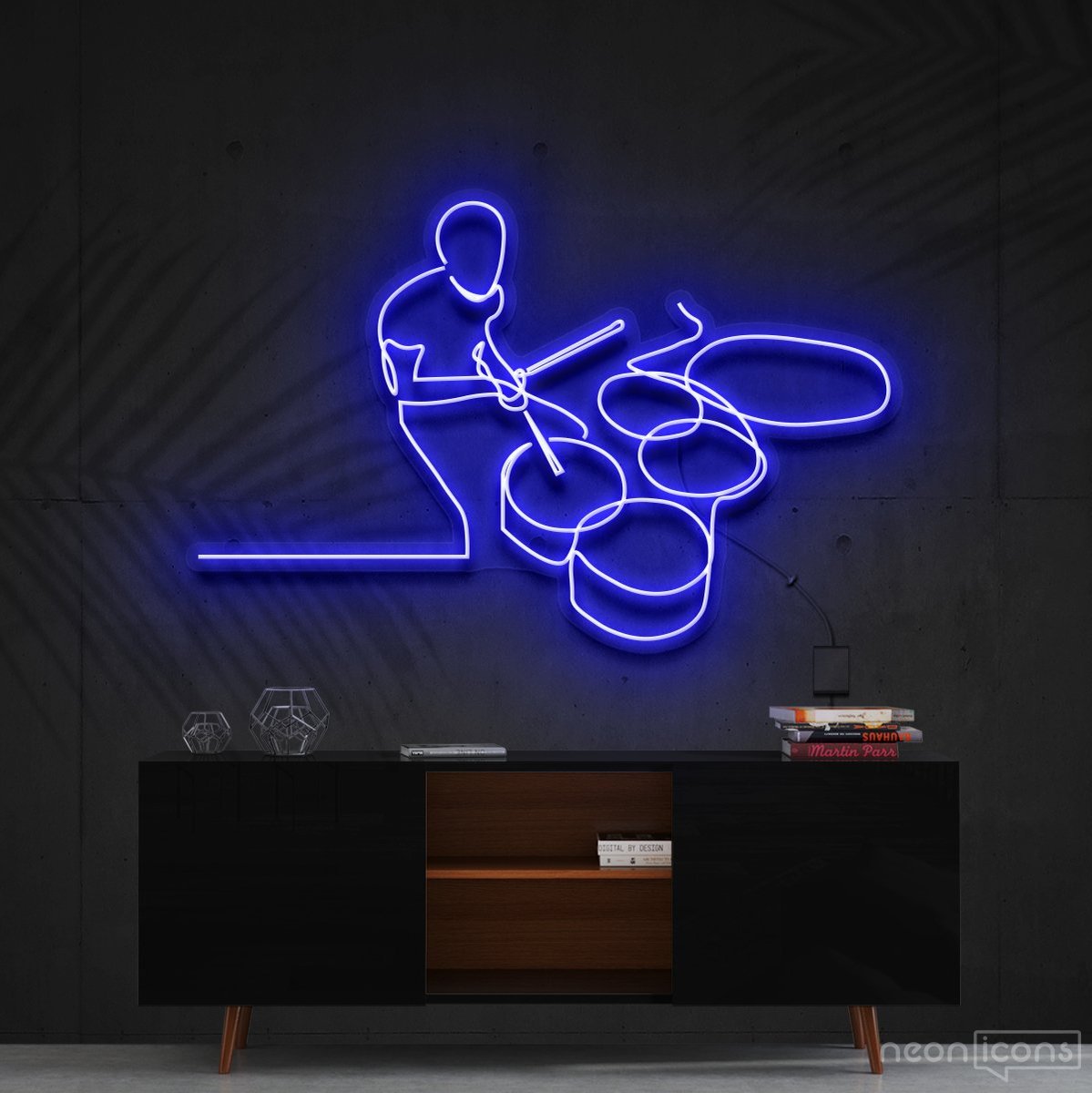 "Drummer Line Art" Neon Sign 90cm (3ft) / Blue / Cut to Shape by Neon Icons