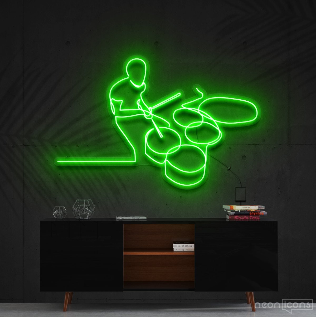 "Drummer Line Art" Neon Sign 90cm (3ft) / Green / Cut to Shape by Neon Icons