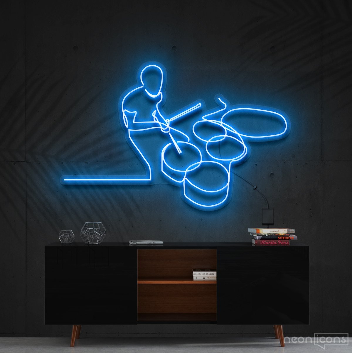 "Drummer Line Art" Neon Sign 90cm (3ft) / Ice Blue / Cut to Shape by Neon Icons