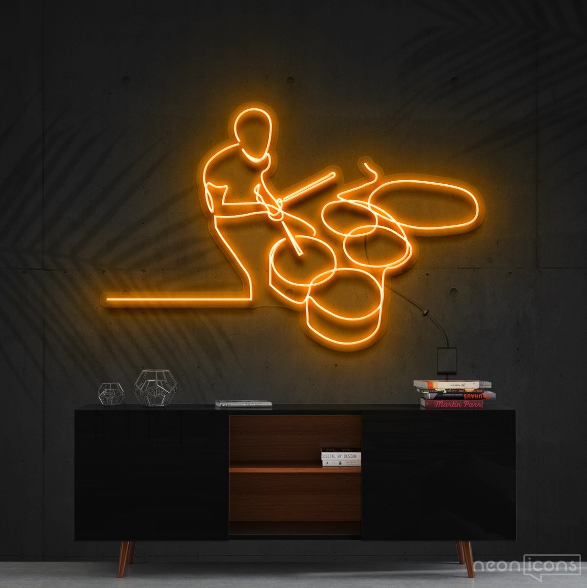 "Drummer Line Art" Neon Sign 90cm (3ft) / Orange / Cut to Shape by Neon Icons