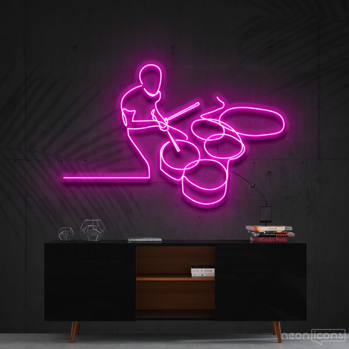 "Drummer Line Art" Neon Sign 90cm (3ft) / Pink / Cut to Shape by Neon Icons