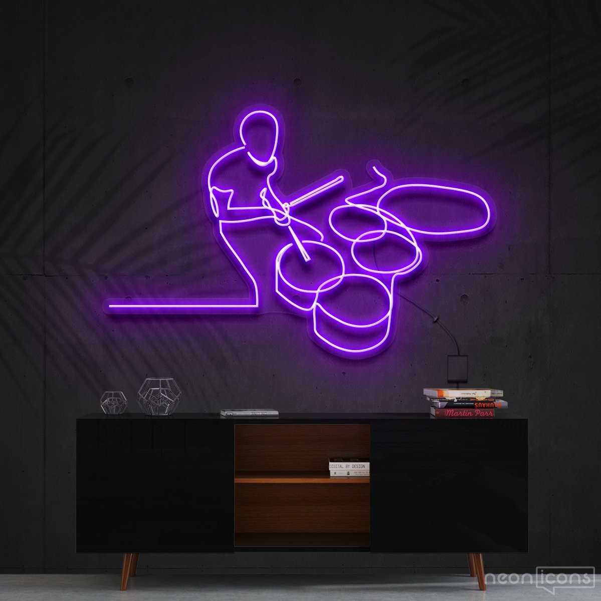 "Drummer Line Art" Neon Sign 90cm (3ft) / Purple / Cut to Shape by Neon Icons