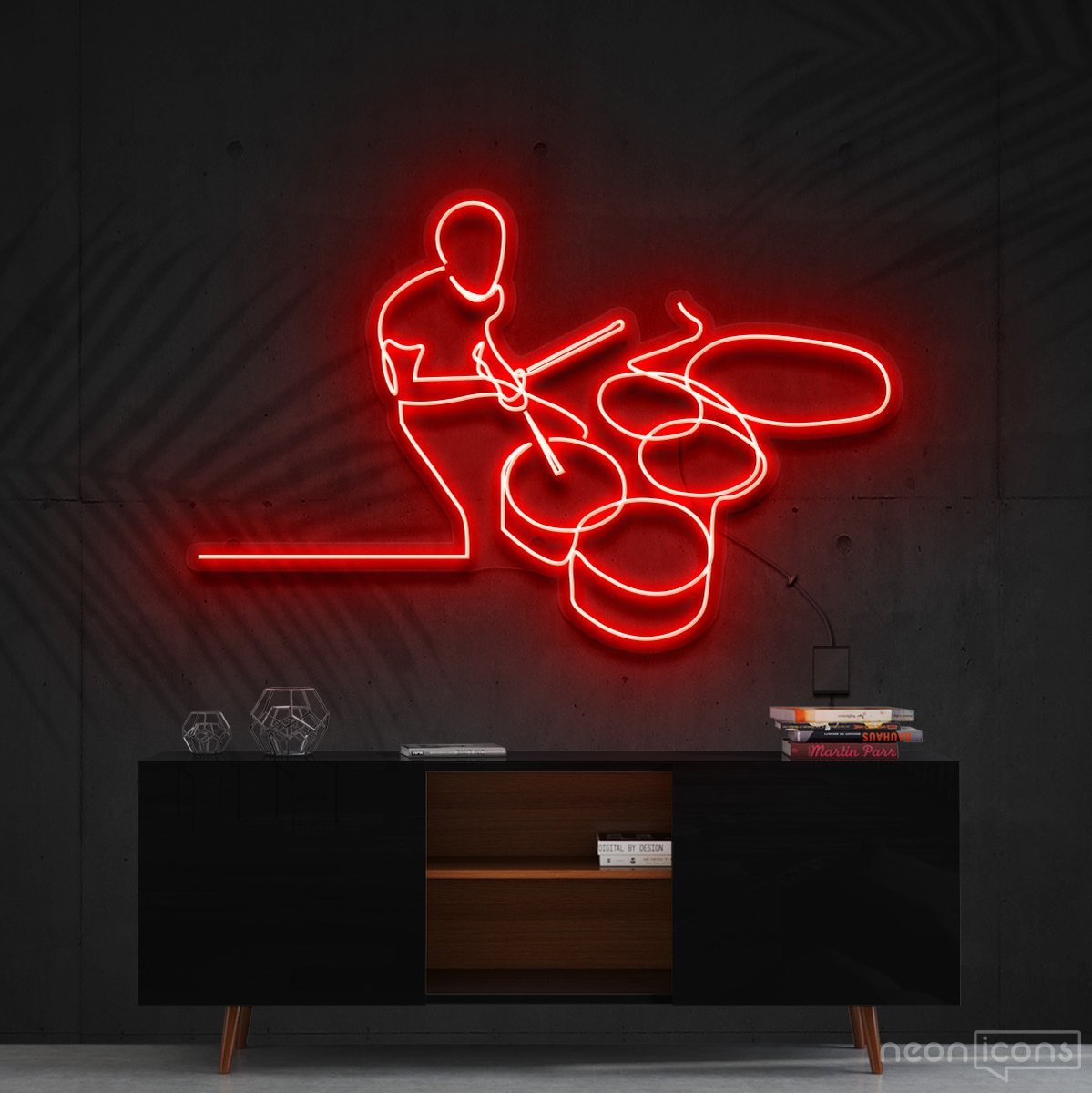 "Drummer Line Art" Neon Sign 90cm (3ft) / Red / Cut to Shape by Neon Icons