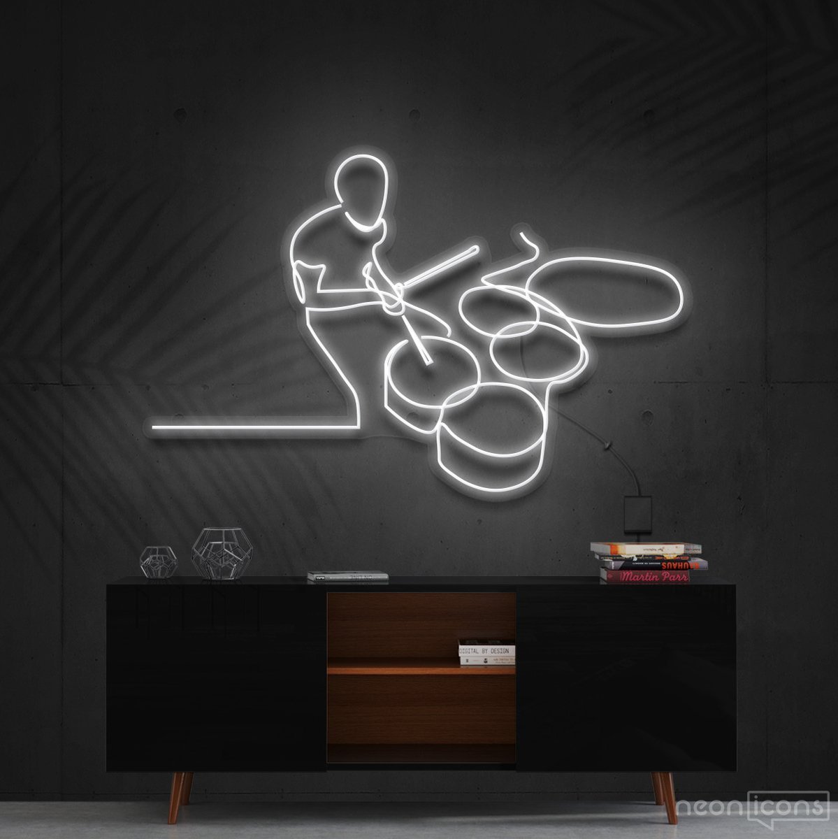 "Drummer Line Art" Neon Sign 90cm (3ft) / White / Cut to Shape by Neon Icons