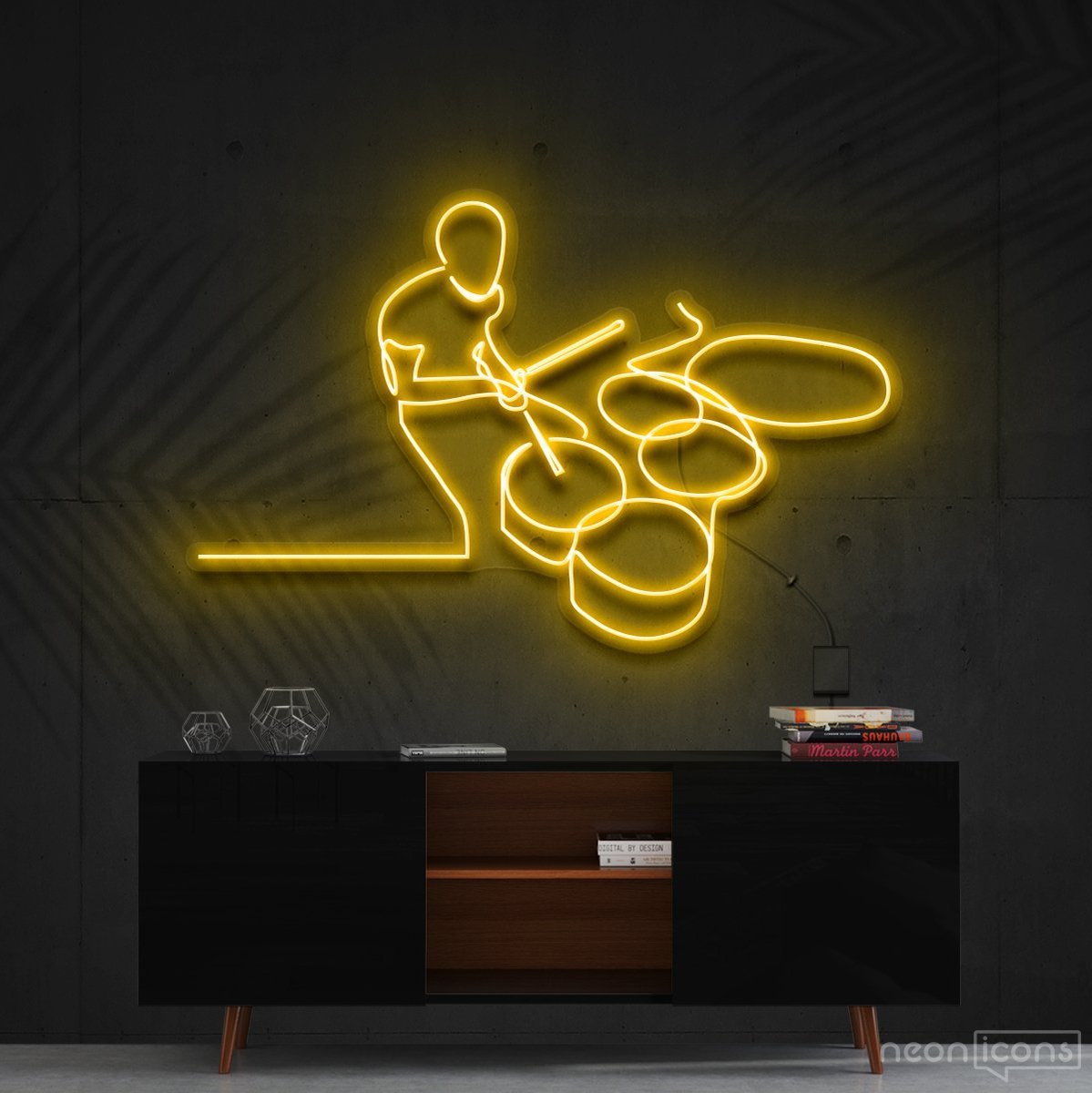 "Drummer Line Art" Neon Sign 90cm (3ft) / Yellow / Cut to Shape by Neon Icons