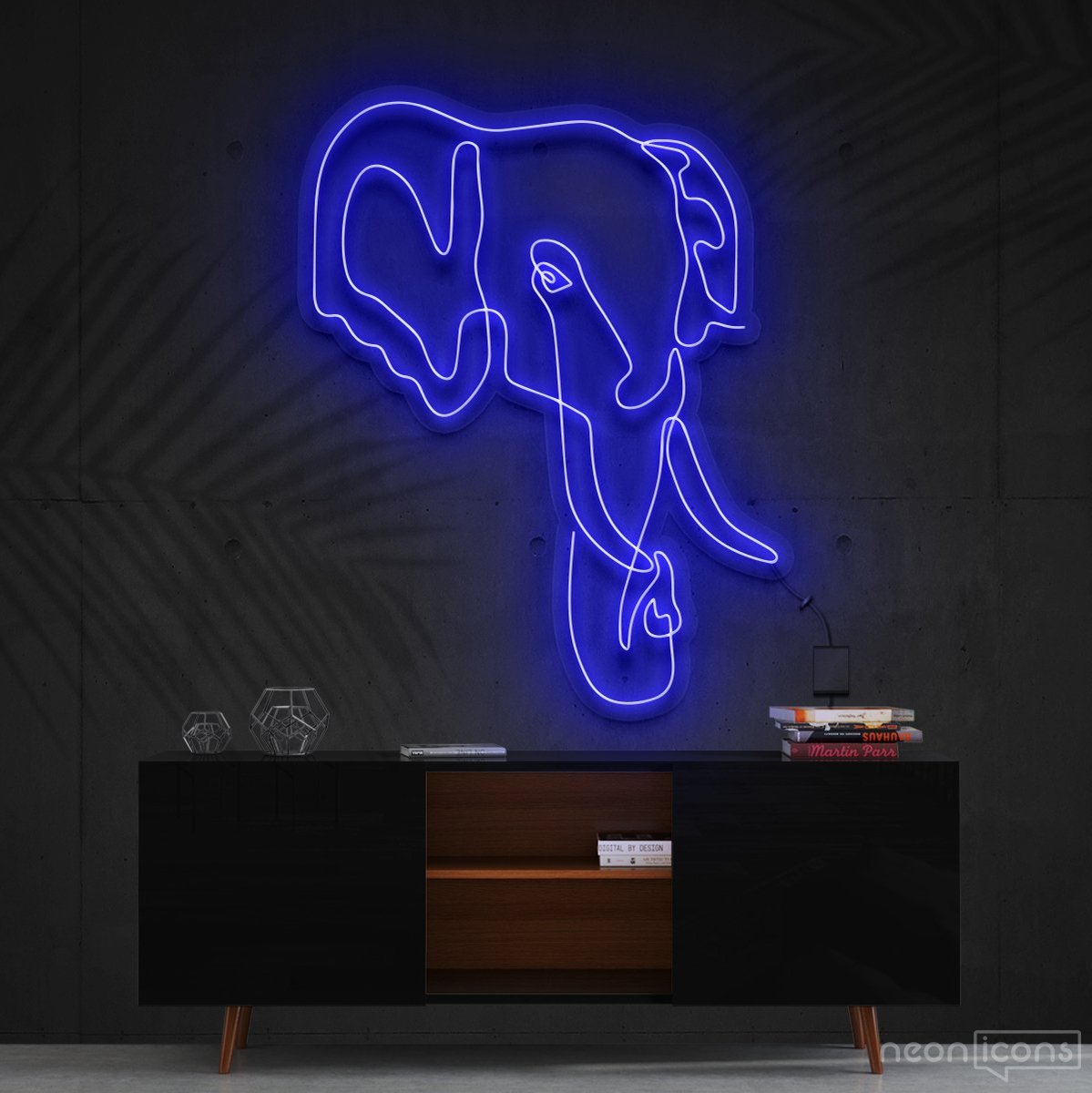 "Elephant Line Art" Neon Sign 60cm (2ft) / Blue / Cut to Shape by Neon Icons