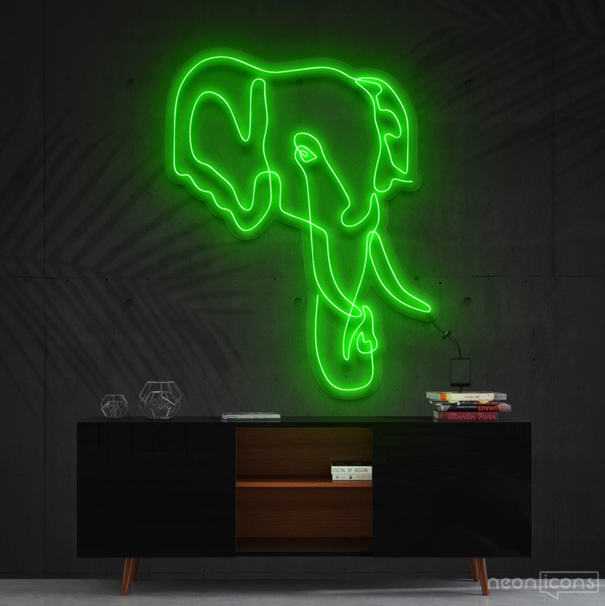 "Elephant Line Art" Neon Sign 60cm (2ft) / Green / Cut to Shape by Neon Icons