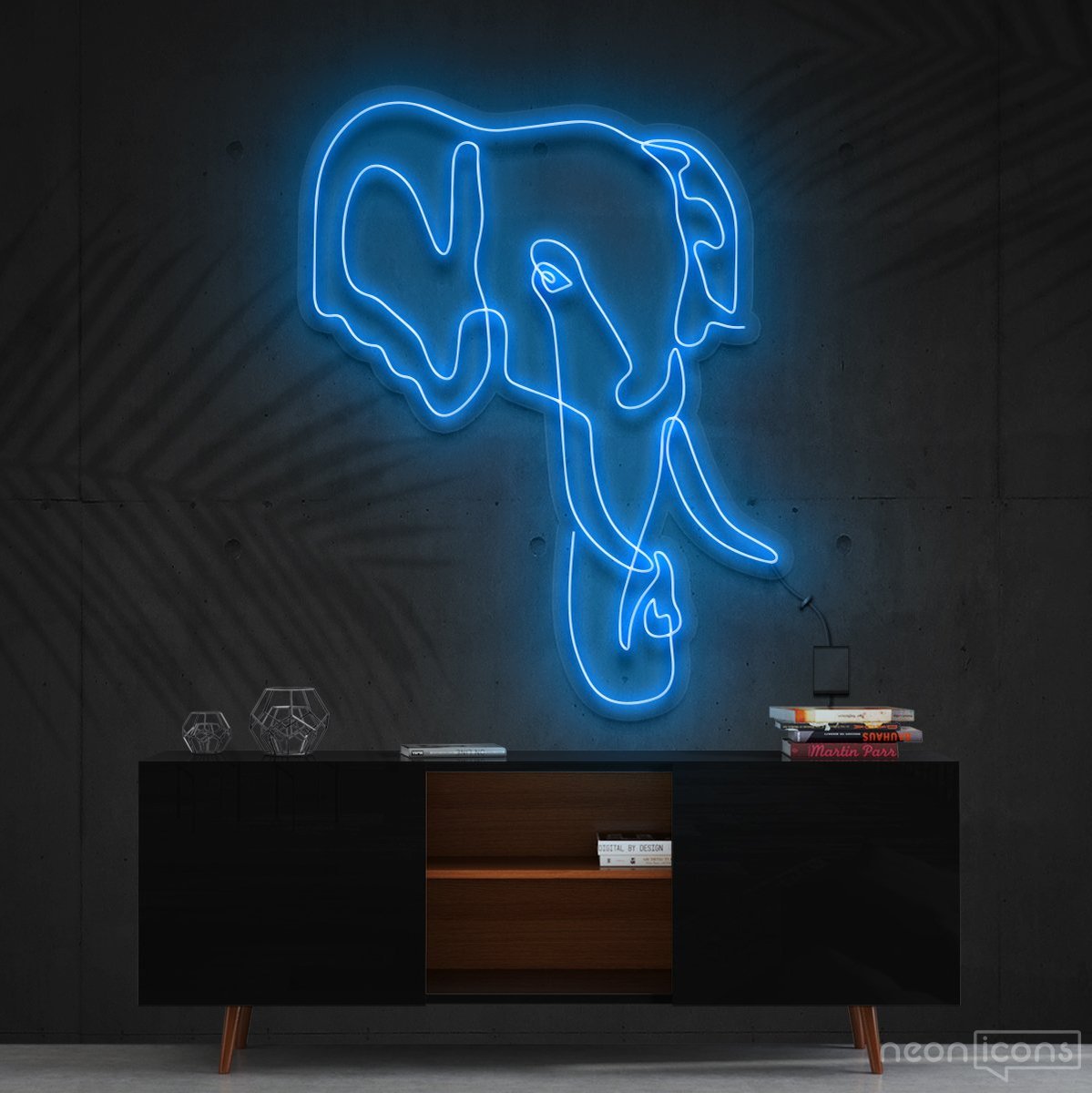 "Elephant Line Art" Neon Sign 60cm (2ft) / Ice Blue / Cut to Shape by Neon Icons