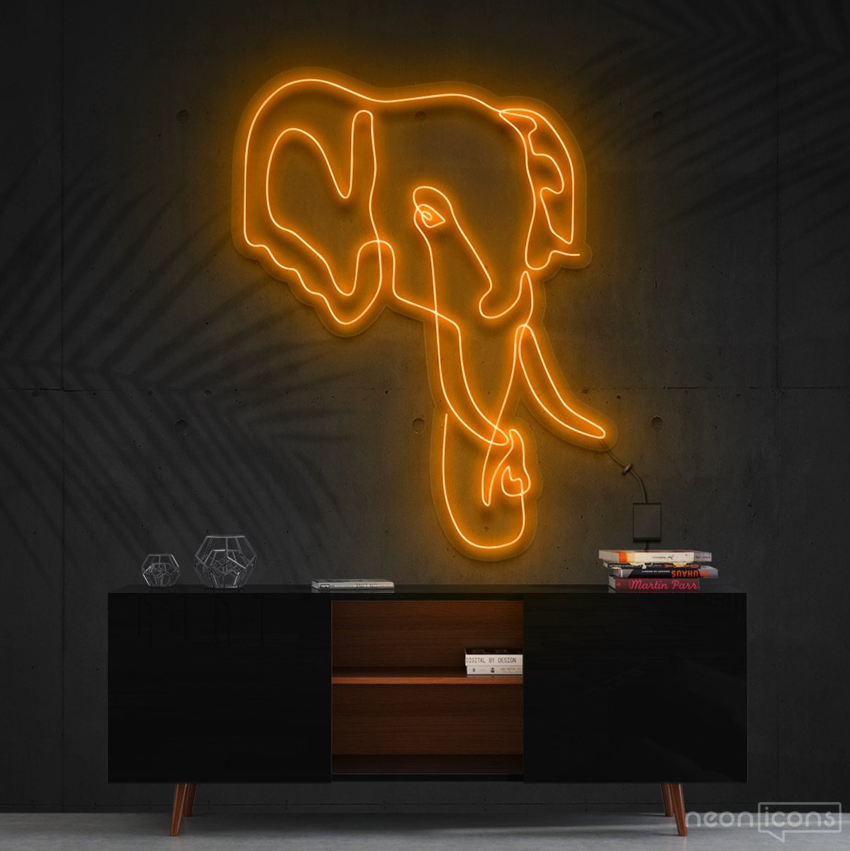 "Elephant Line Art" Neon Sign 60cm (2ft) / Orange / Cut to Shape by Neon Icons
