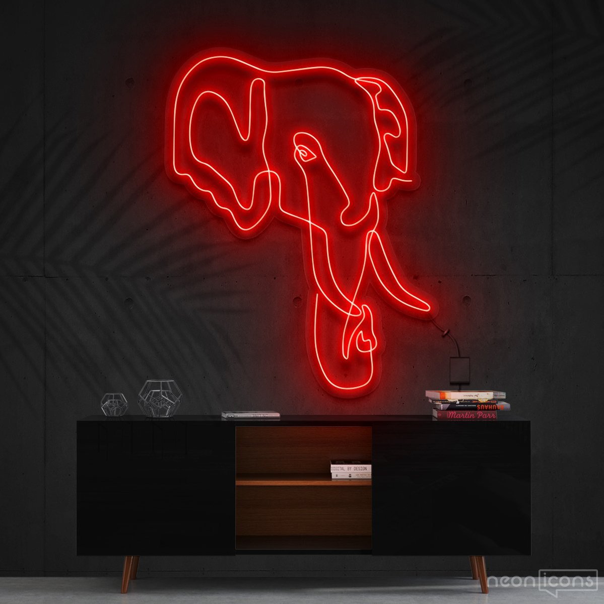 "Elephant Line Art" Neon Sign 60cm (2ft) / Red / Cut to Shape by Neon Icons