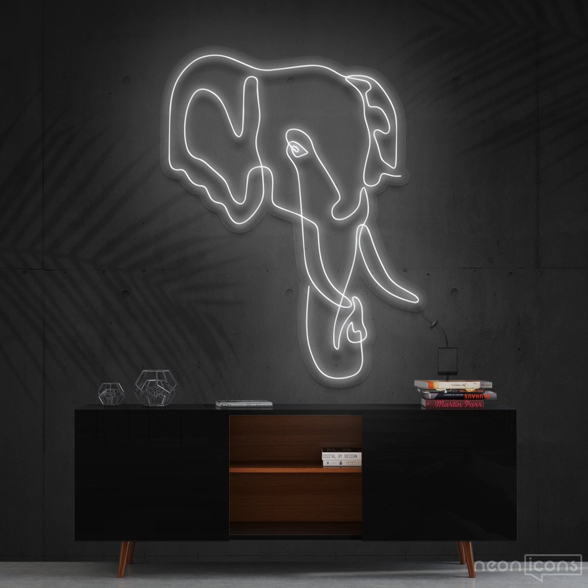 "Elephant Line Art" Neon Sign 60cm (2ft) / White / Cut to Shape by Neon Icons