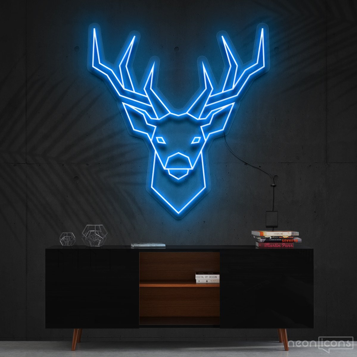 "Geometric Deer" Neon Sign 60cm (2ft) / Ice Blue / Cut to Shape by Neon Icons