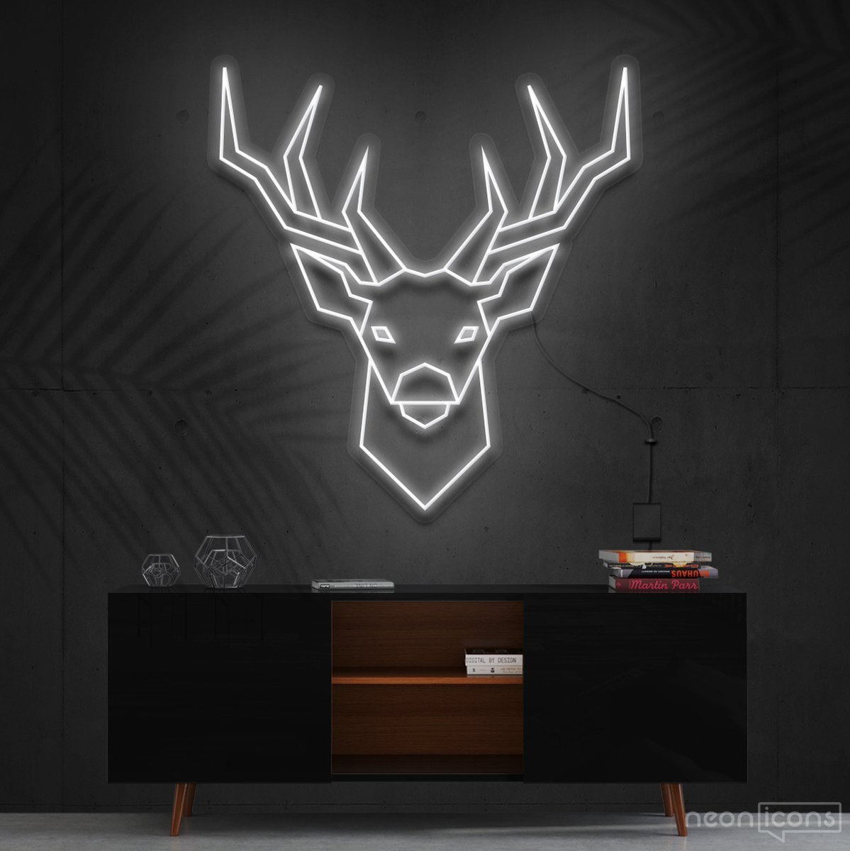 "Geometric Deer" Neon Sign 60cm (2ft) / White / Cut to Shape by Neon Icons