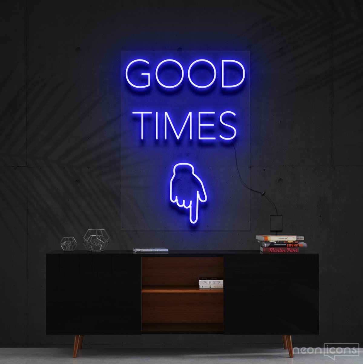 "Good Times This Way" Neon Sign 60cm (2ft) / Blue / Cut to Shape by Neon Icons