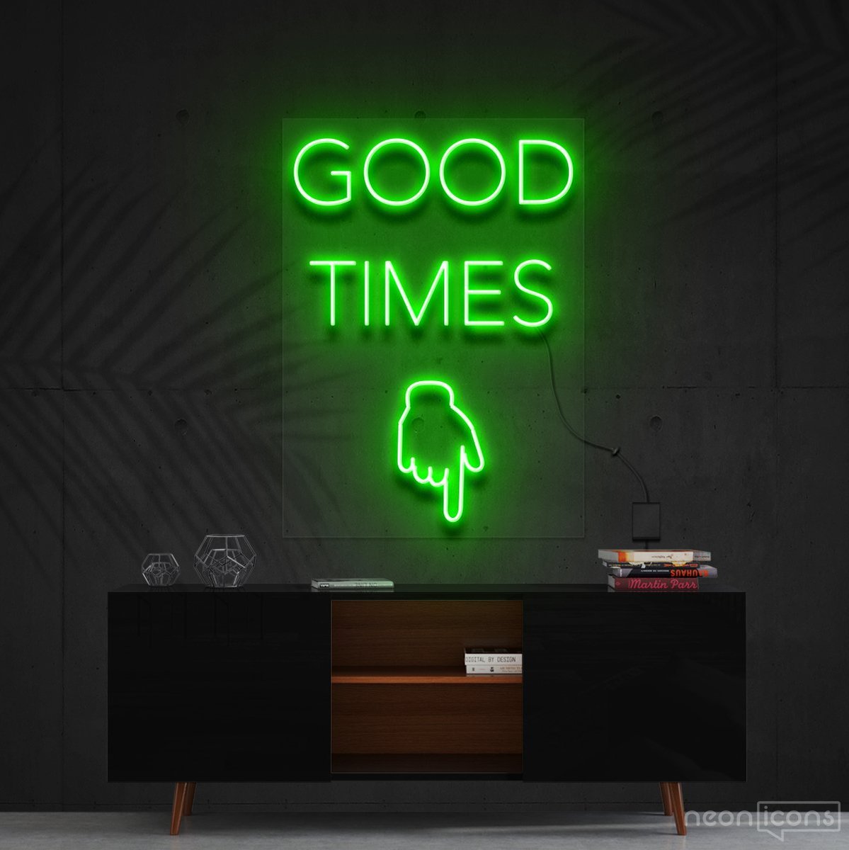 "Good Times This Way" Neon Sign 60cm (2ft) / Green / Cut to Shape by Neon Icons