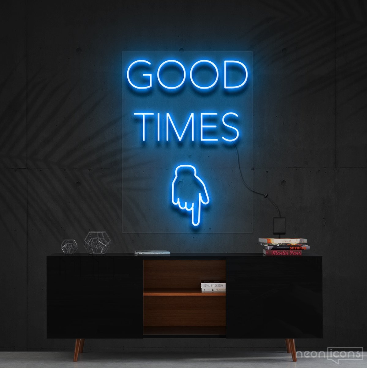 "Good Times This Way" Neon Sign 60cm (2ft) / Ice Blue / Cut to Shape by Neon Icons