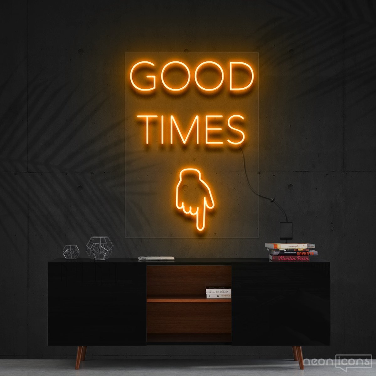"Good Times This Way" Neon Sign 60cm (2ft) / Orange / Cut to Shape by Neon Icons