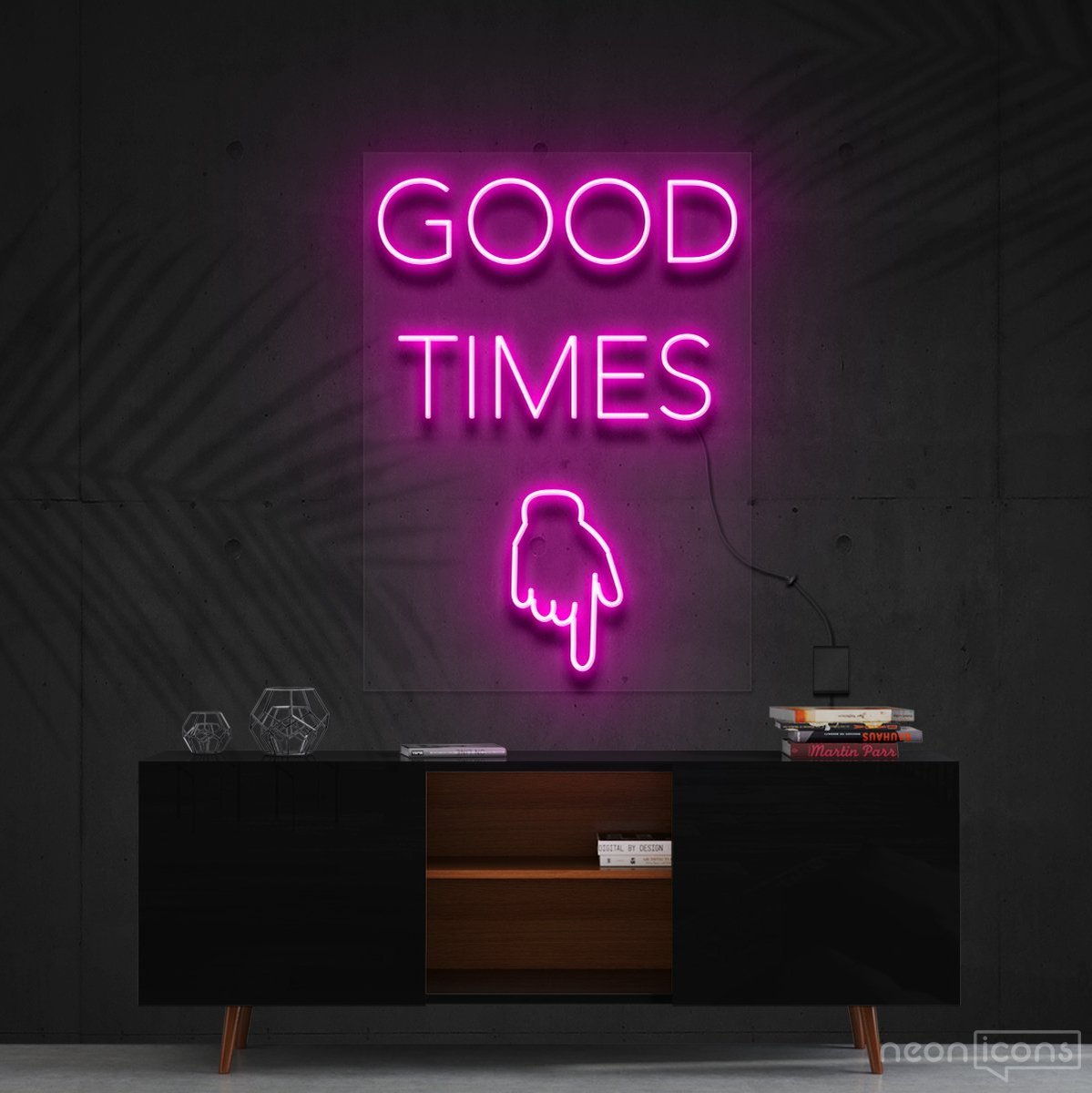 "Good Times This Way" Neon Sign 60cm (2ft) / Pink / Cut to Shape by Neon Icons