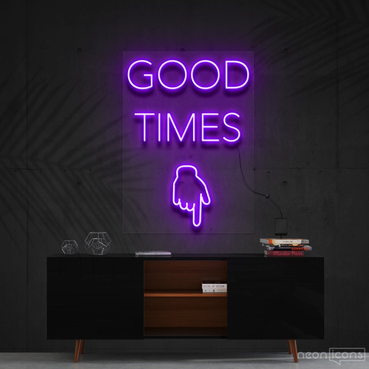 "Good Times This Way" Neon Sign 60cm (2ft) / Purple / Cut to Shape by Neon Icons