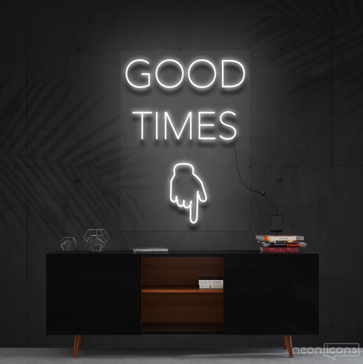 "Good Times This Way" Neon Sign 60cm (2ft) / White / Cut to Shape by Neon Icons