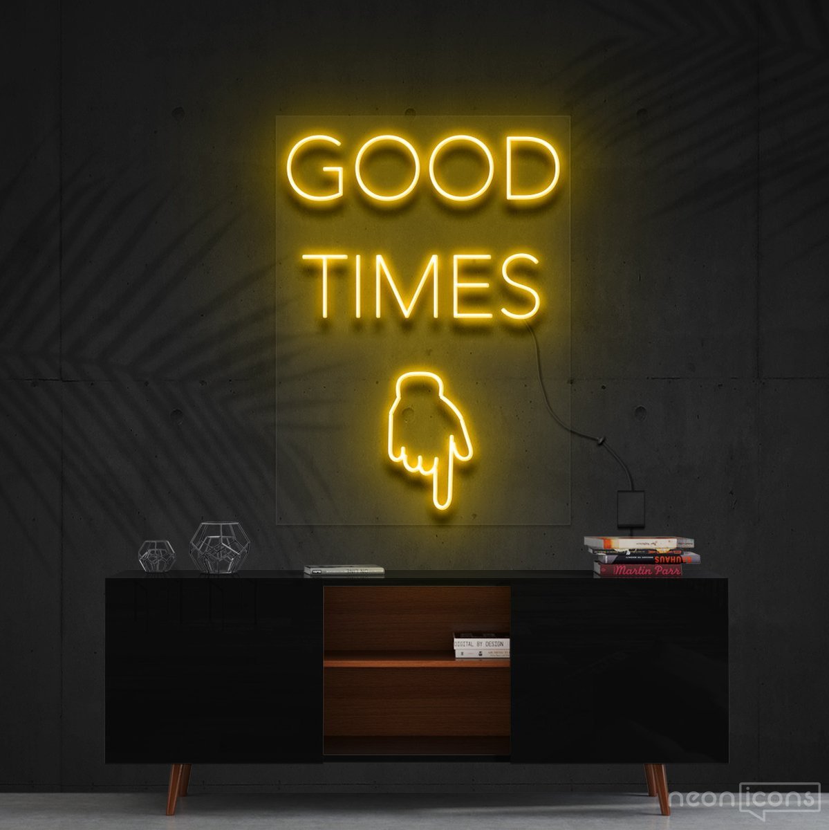"Good Times This Way" Neon Sign 60cm (2ft) / Yellow / Cut to Shape by Neon Icons