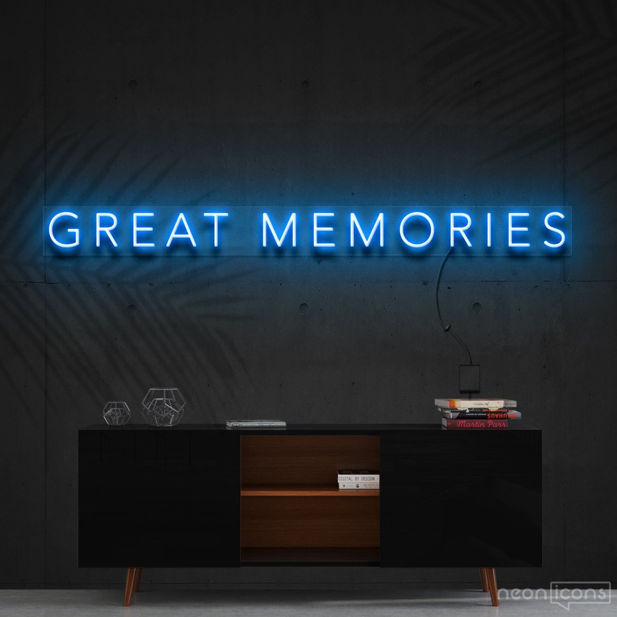 "Great Memories" Neon Sign 120cm (4ft) / Ice Blue / Cut to Shape by Neon Icons