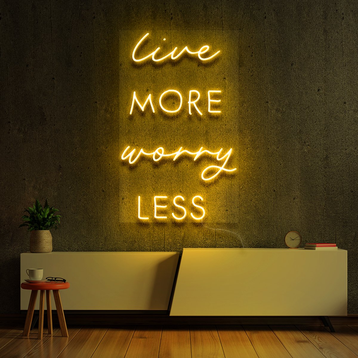 "Live More Worry Less" Neon Sign 60cm (2ft) / Yellow / LED Neon by Neon Icons