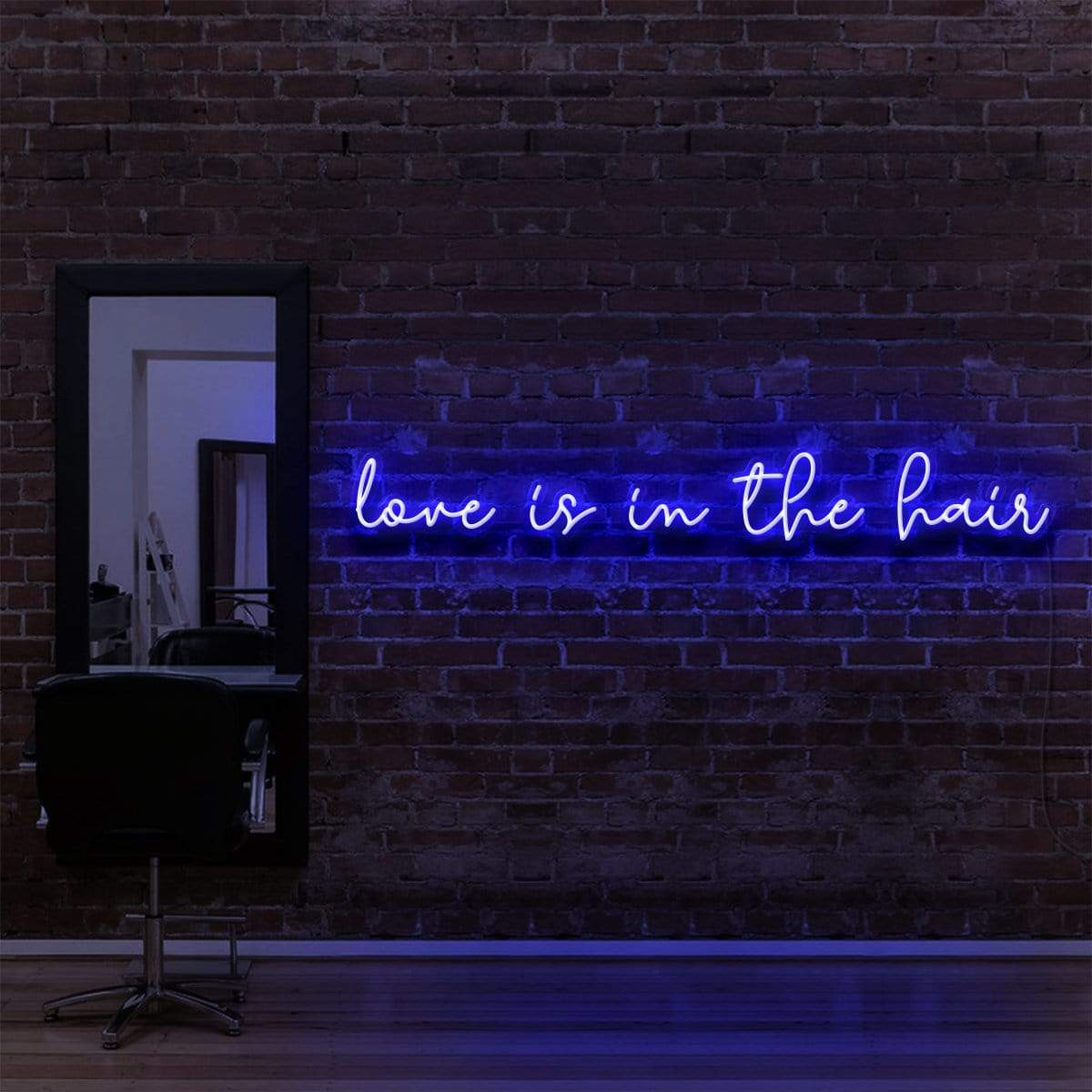 "Love Is In The Hair" Neon Sign for Hair Salons & Barbershops 90cm (3ft) / Blue / LED Neon by Neon Icons