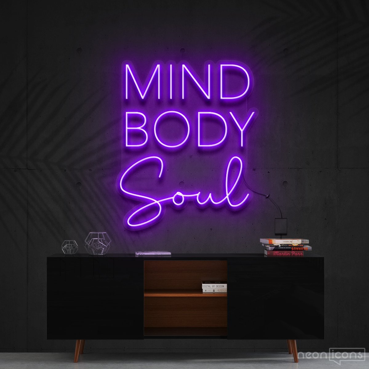 "Mind Body Soul" Neon Sign 60cm (2ft) / Purple / Cut to Shape by Neon Icons