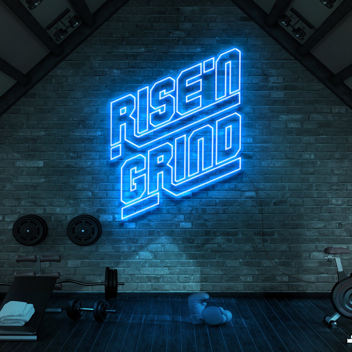 "Rise N' Grind" Neon Sign for Gyms & Fitness Studios 90cm (3ft) / Ice Blue / LED Neon by Neon Icons