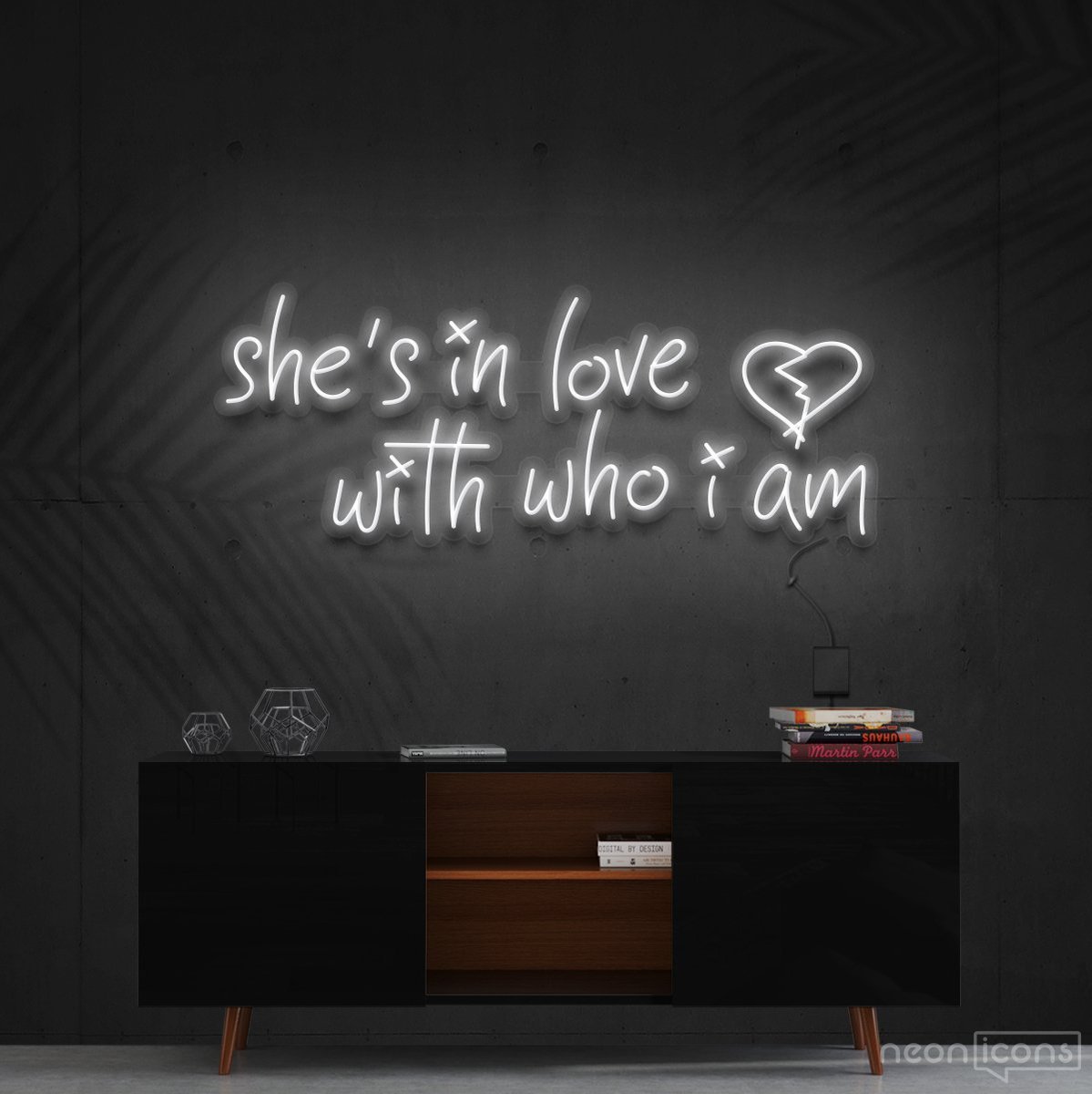 "She's In Love With Who I Am" Neon Sign 90cm (3ft) / White / Cut to Shape by Neon Icons