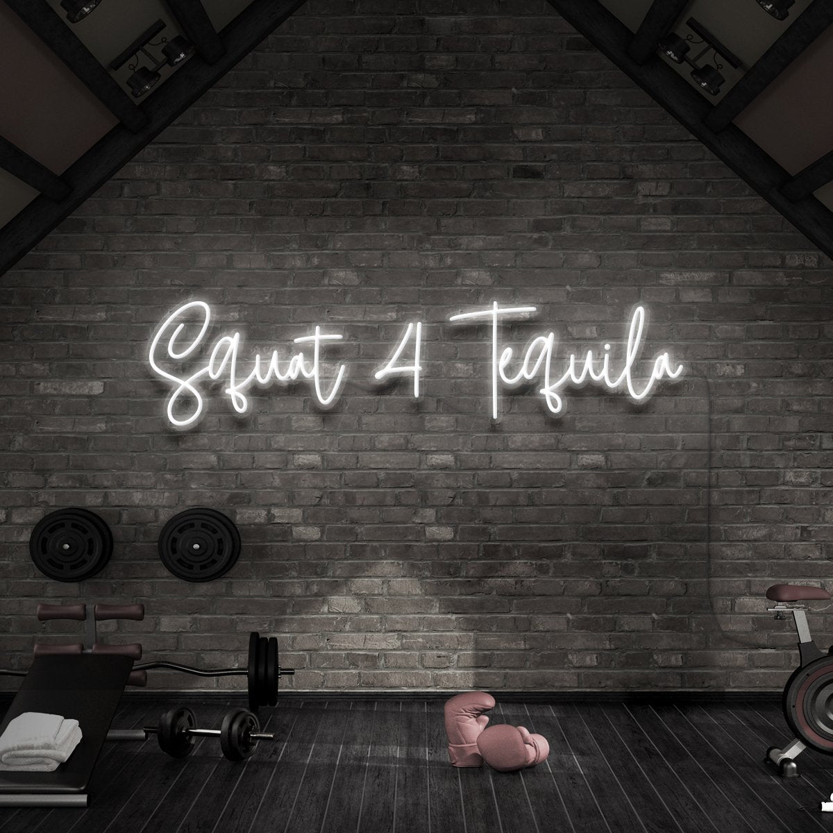 "Squat 4 Tequila" Neon Sign for Gyms & Fitness Studios 90cm (3ft) / White / LED Neon by Neon Icons