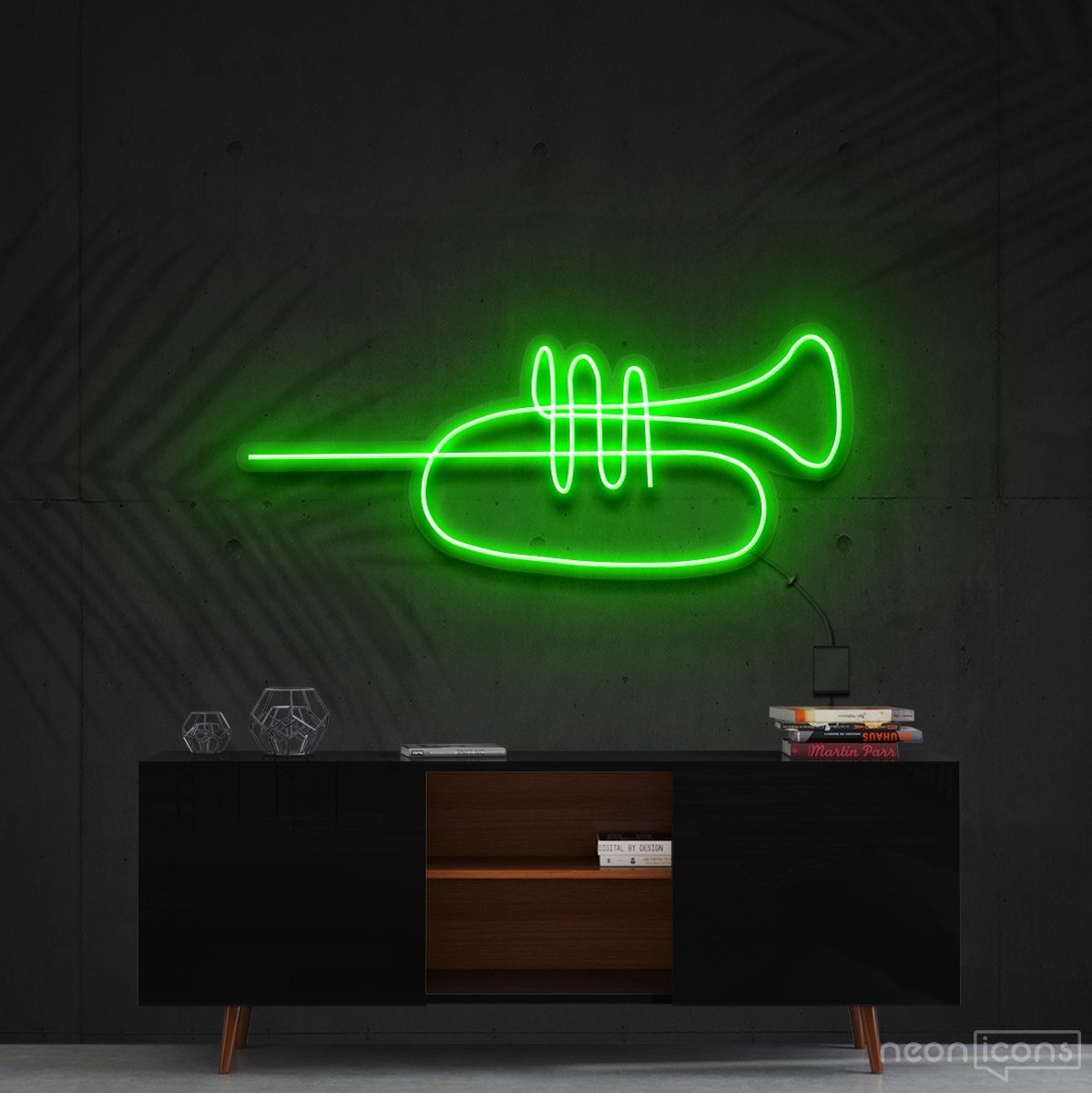 "Trumpet Line Art" Neon Sign 60cm (2ft) / Green / Cut to Shape by Neon Icons