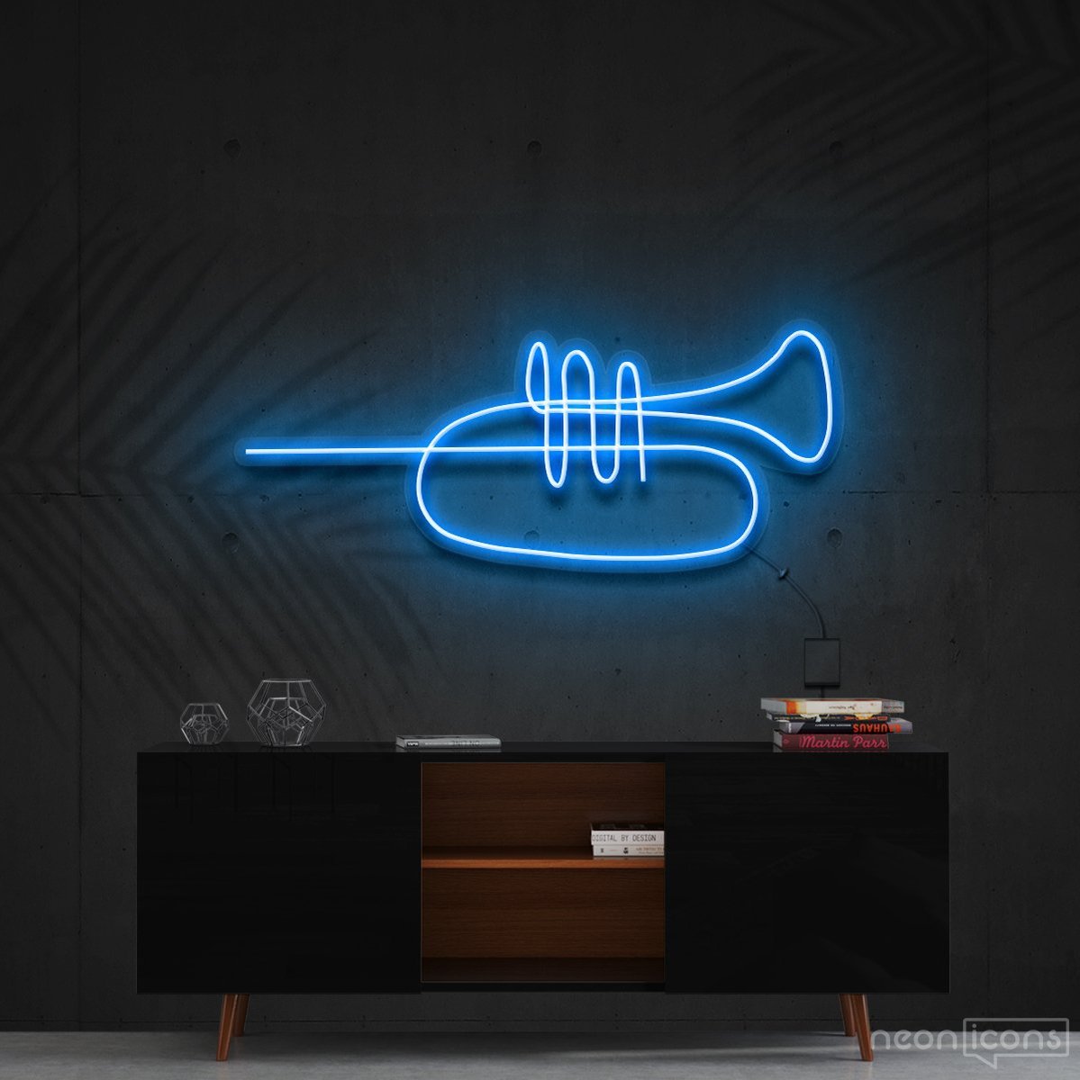 "Trumpet Line Art" Neon Sign 60cm (2ft) / Ice Blue / Cut to Shape by Neon Icons