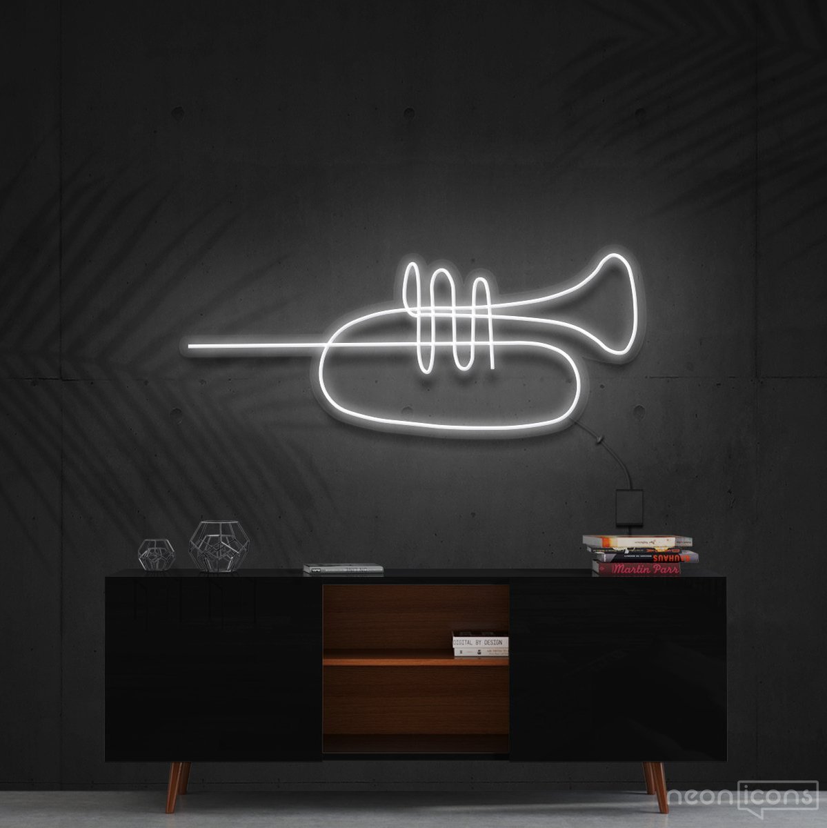 "Trumpet Line Art" Neon Sign 60cm (2ft) / White / Cut to Shape by Neon Icons