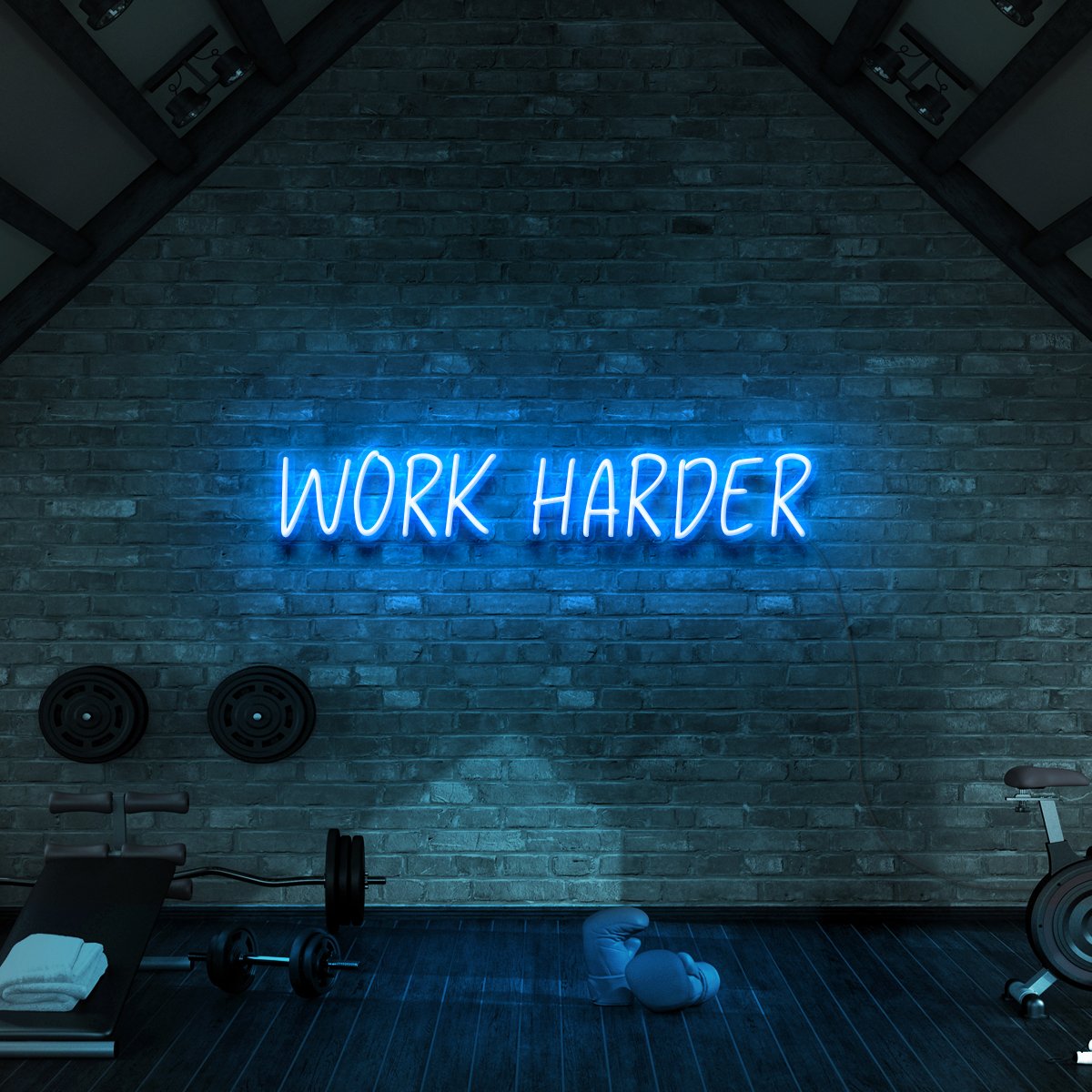 "Work Harder" Neon Sign for Gyms & Fitness Studios 60cm (2ft) / Ice Blue / LED Neon by Neon Icons