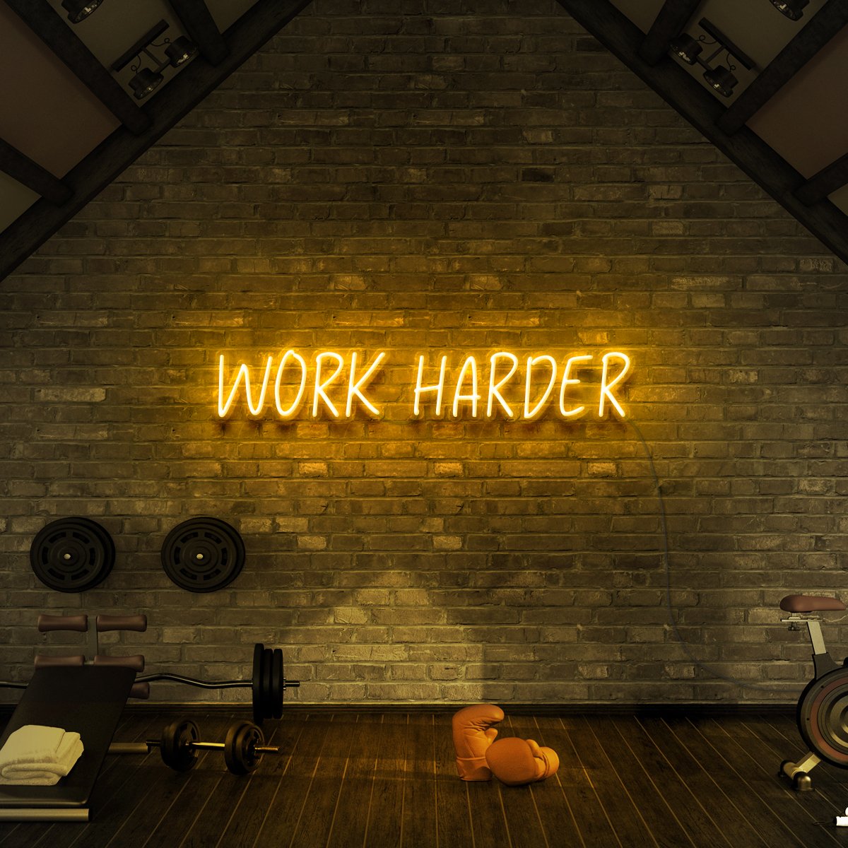 "Work Harder" Neon Sign for Gyms & Fitness Studios 60cm (2ft) / Yellow / LED Neon by Neon Icons